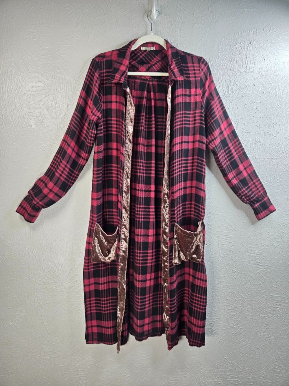 Duster Cardigan Med Plaid Velvet Trim Open Front Long Sleeve Drapey Layering Top